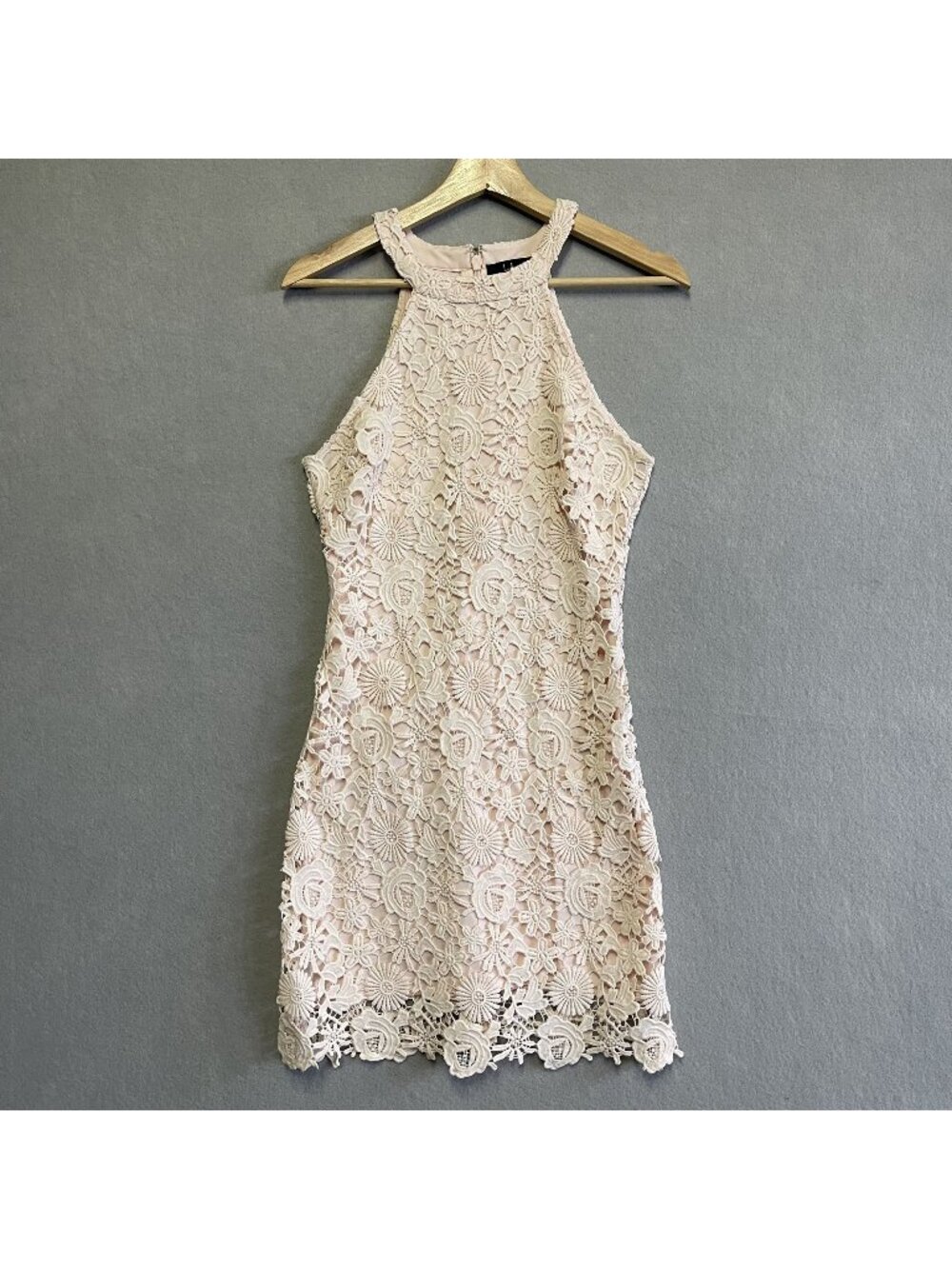 Lulus Love Poem Lace Mini Dress Halter Neck Crochet Floral Overlay High-Neck S